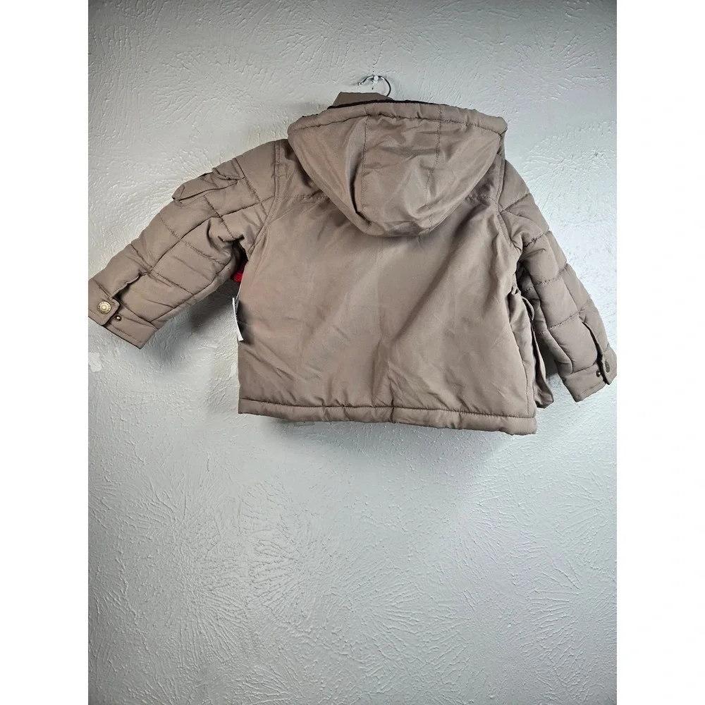 OshKosh Winter Parka Jacket Toddler Boy 4 Tan Plaid Fur Hooded Coat With Beanie